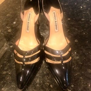 Manolo Blahnik black patent leather sling back pointed toe pump